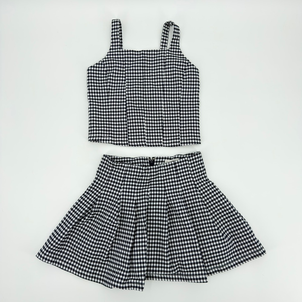 Full Tilt Kids Black White Gingham 2 Piece Crop Top and Pleated Skirt Set Large